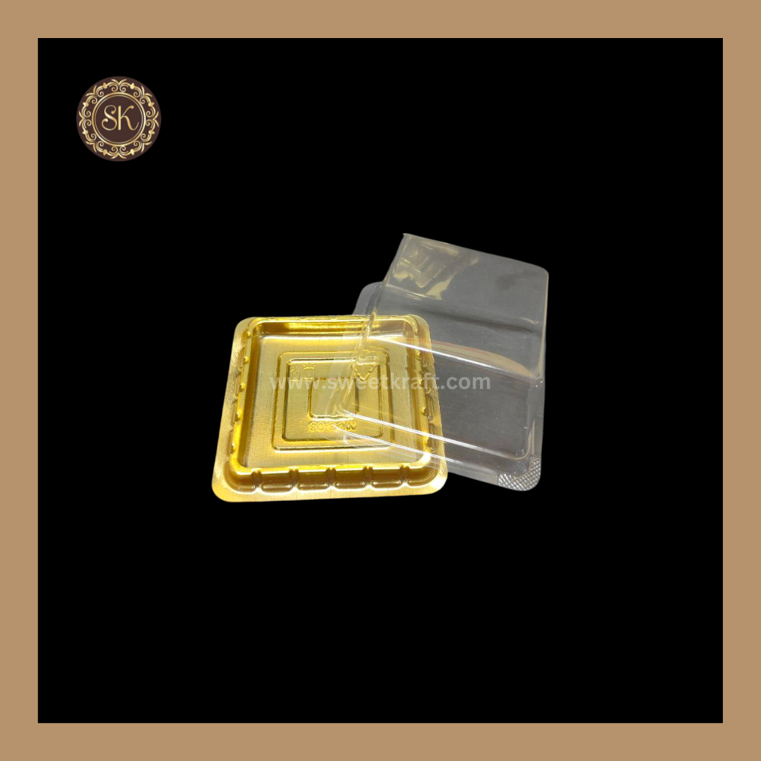 Square PVC Pastry Container Square Dome Pastry Box Golden- With Lid (MDC-03)