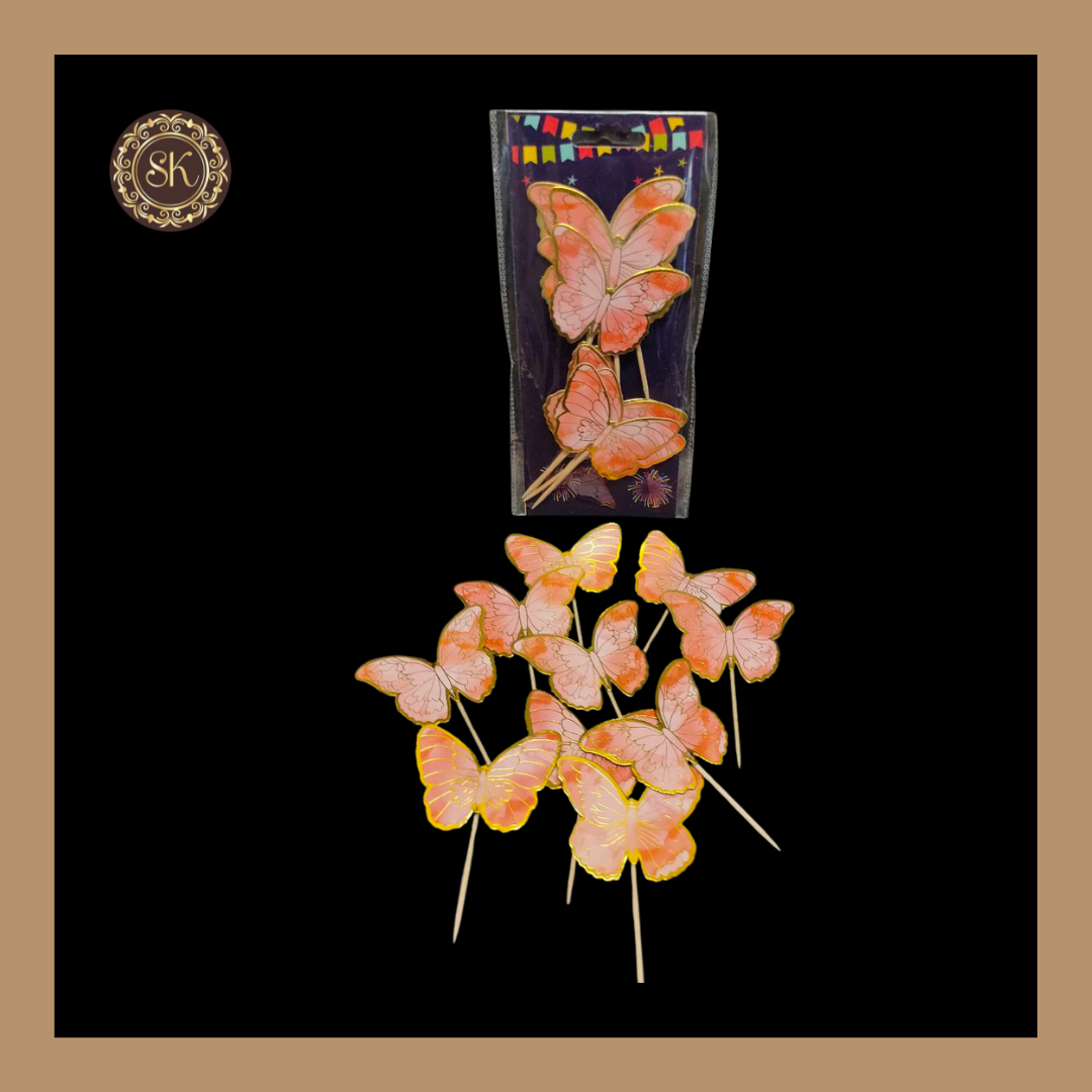 Toothpick Cake Topper | Golden Foil Butterfly | Orange Colour butterfly - (Pack Of 1) Sweetkraft | Baking supplies